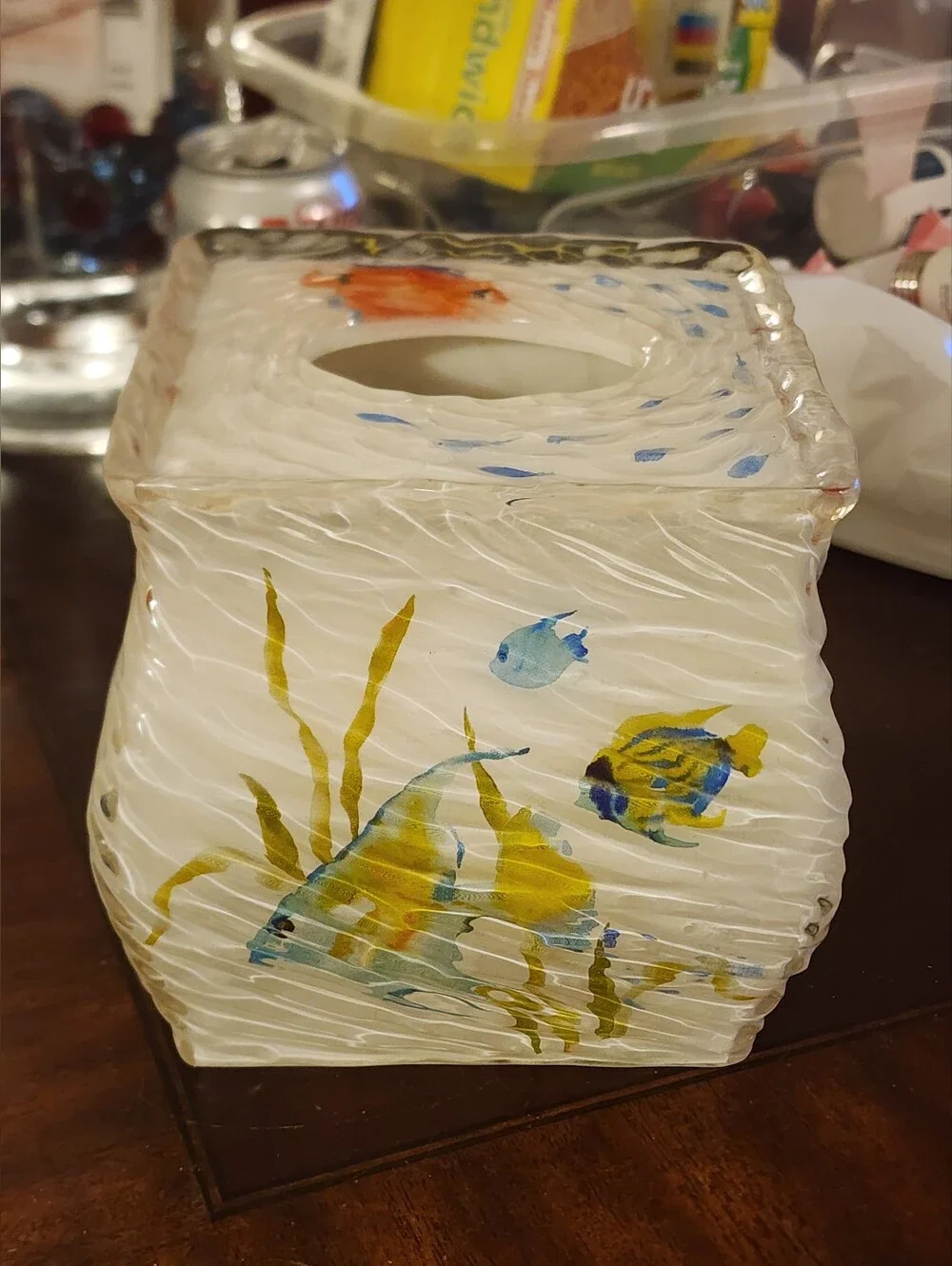Coastal Glass Tissue Box Cover, Acrylic with Tropical Fish